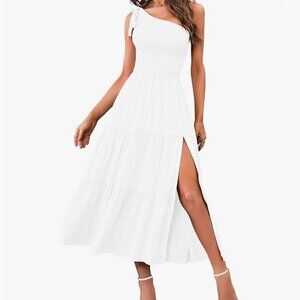 MEROKEETY Women's Summer One Shoulder Sleeveless Knot Smocked Midi Dress Split T